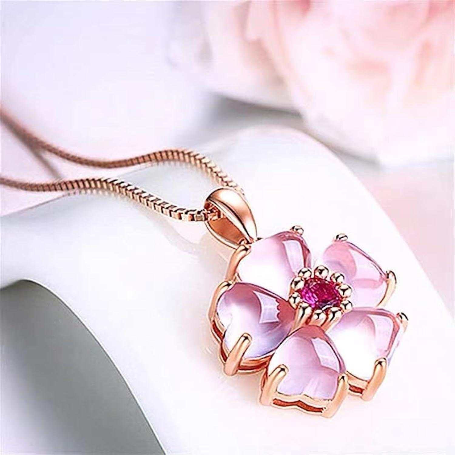 YOUMIYA Rose Gold Cherry Blossoms Necklace for Graduation Pink Beautiful Artificial Stone Crystal Necklace Best Gifts for Women Friend Lover