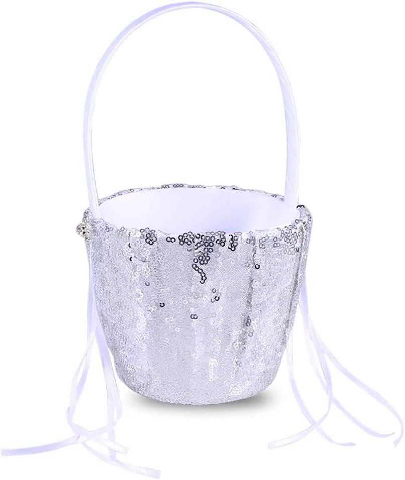 Silver Sequin and Ribbon Wedding Flower Girl Basket