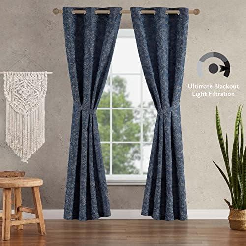 Jessica Simpson Groovy Paisley Grommet Window Curtains with Tiebacks, Navy, 38" x 96"