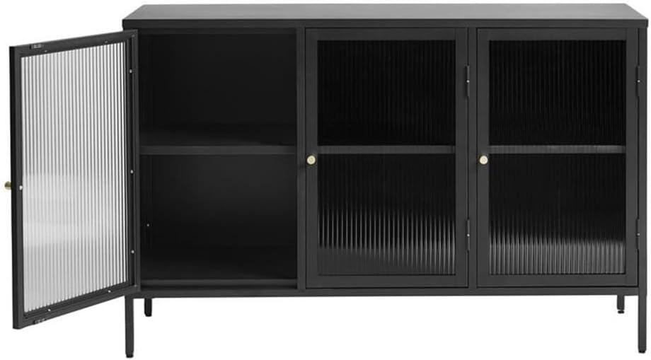 Refined Modern Black and Gold Metal Sideboard with Glass Panel Doors