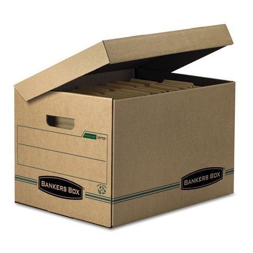 Bankers Box 12 Pack SYSTEMATIC Basic-Duty 100% Recycled File Storage Boxes, Standard Setup, Attached Flip Top Lid, Letter/Legal, Kraft/Green
