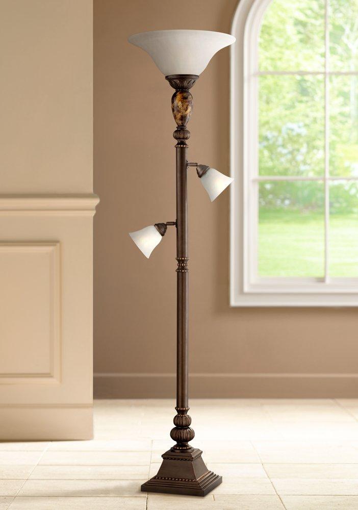 Kathy Ireland Mulholland Vintage Rustic Torchiere Floor Lamp with Side Lights 72" Tall Bronze Tortoise Shell Frosted Glass for Living Room Reading