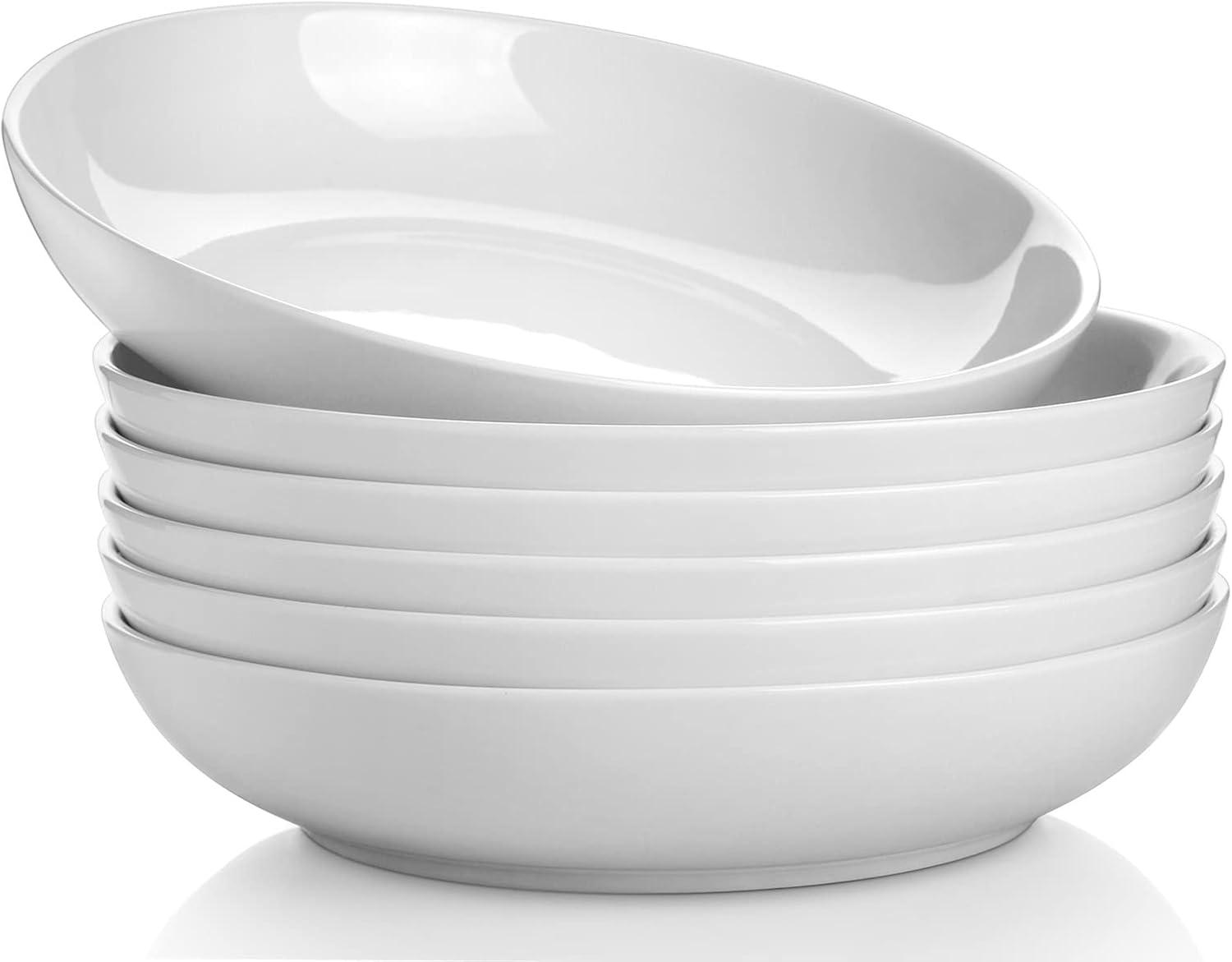 30oz Salad Bowls White Soup Bowls Large Pasta Bowl Porcelain Pasta Plates Wide and Shallow Bowls Set of 6 Microwave Dishwasher Safe