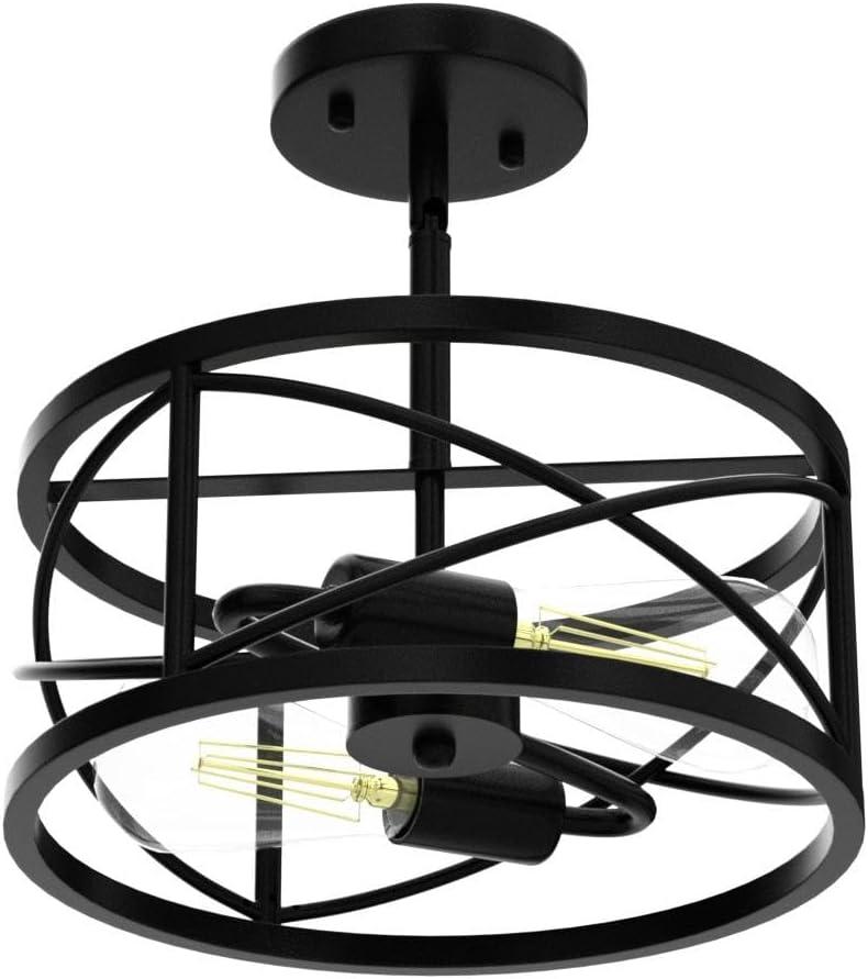 Black Metal Cage Farmhouse Drum Ceiling Light, 11.8 Inches