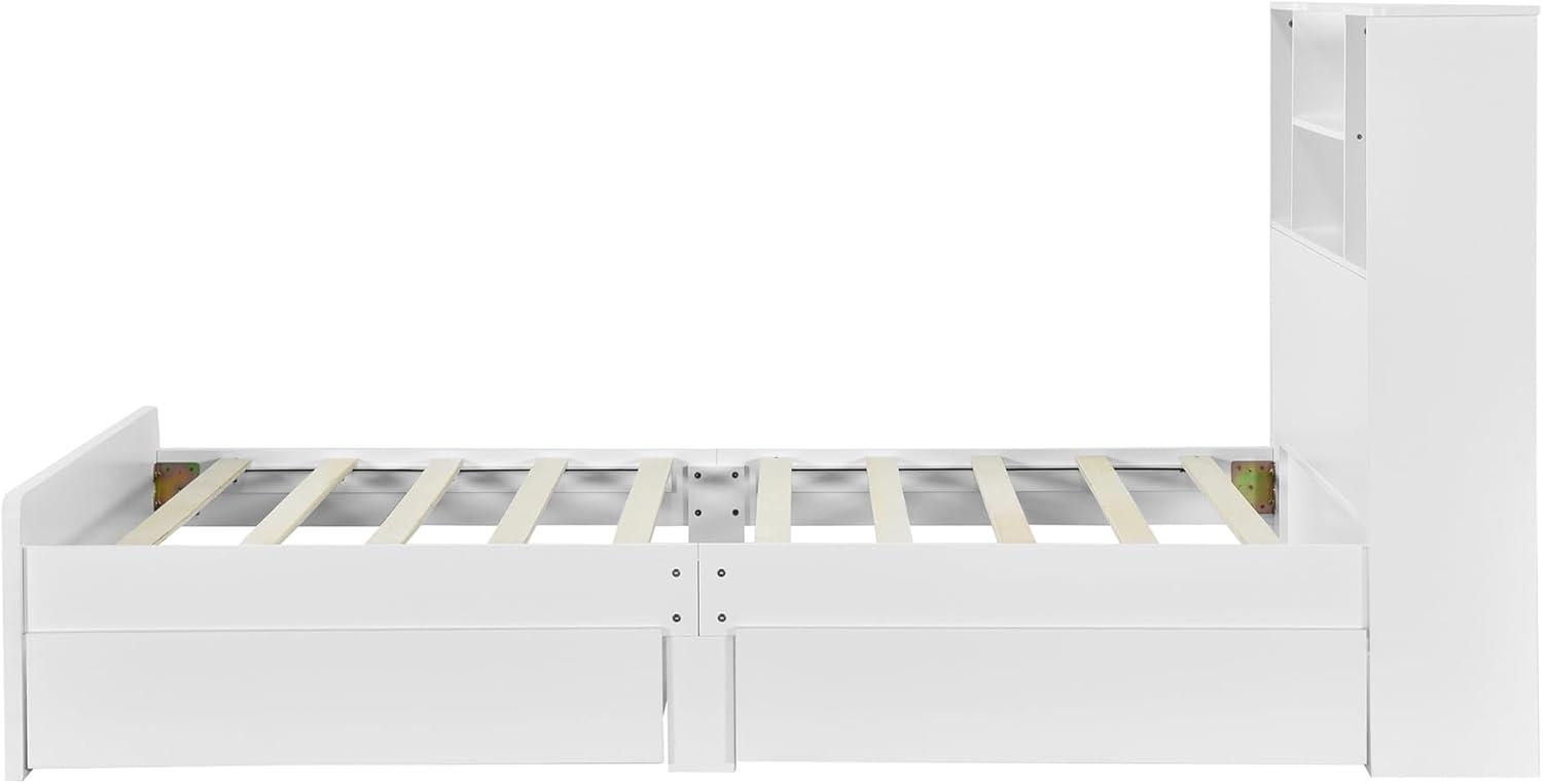 Harper & Bright Designs Twin Size Bed with Storage Headboard and Drawers, Solid Wood Twin Platform Bed Frame with 2 Drawers, 4 Shelves and LED Light, No Box Spring Needed - White