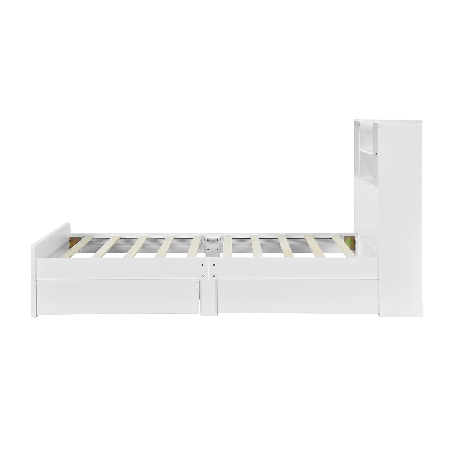 Harper & Bright Designs Twin Size Bed with Storage Headboard and Drawers, Solid Wood Twin Platform Bed Frame with 2 Drawers, 4 Shelves and LED Light, No Box Spring Needed - White