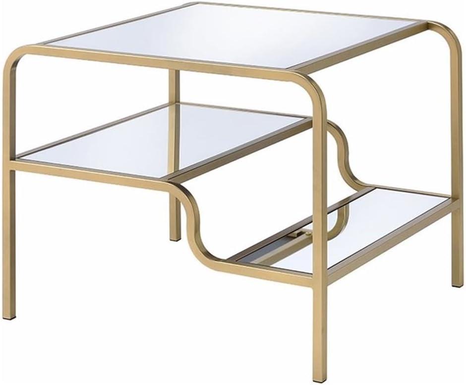 Elegant Gold Metal and Mirrored Glass Square End Table with Tiered Shelves