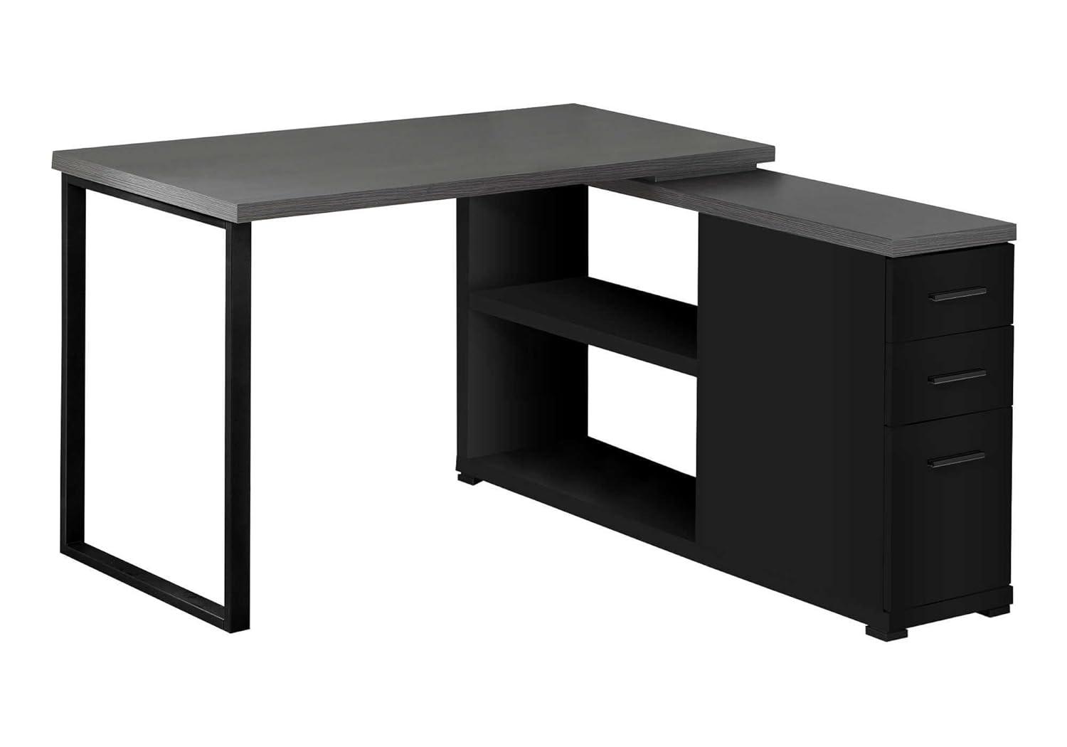 Monarch Specialties Computer Desk Home Office Corner Left Right Set-Up Storage Drawers L Shape  Metal Laminate Black Grey Contemporary Modern