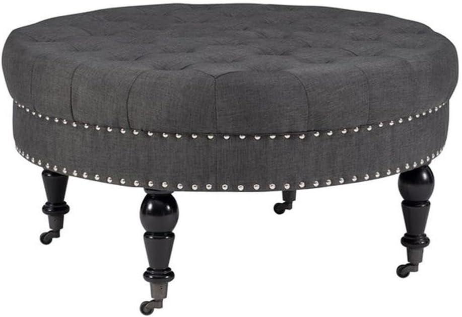 34.6" Isabelle Traditional Round Tufted Upholstered Wheeled Cocktail Ottoman Gray - Linon: Charcoal Linen, Silver Nailhead, Black Legs