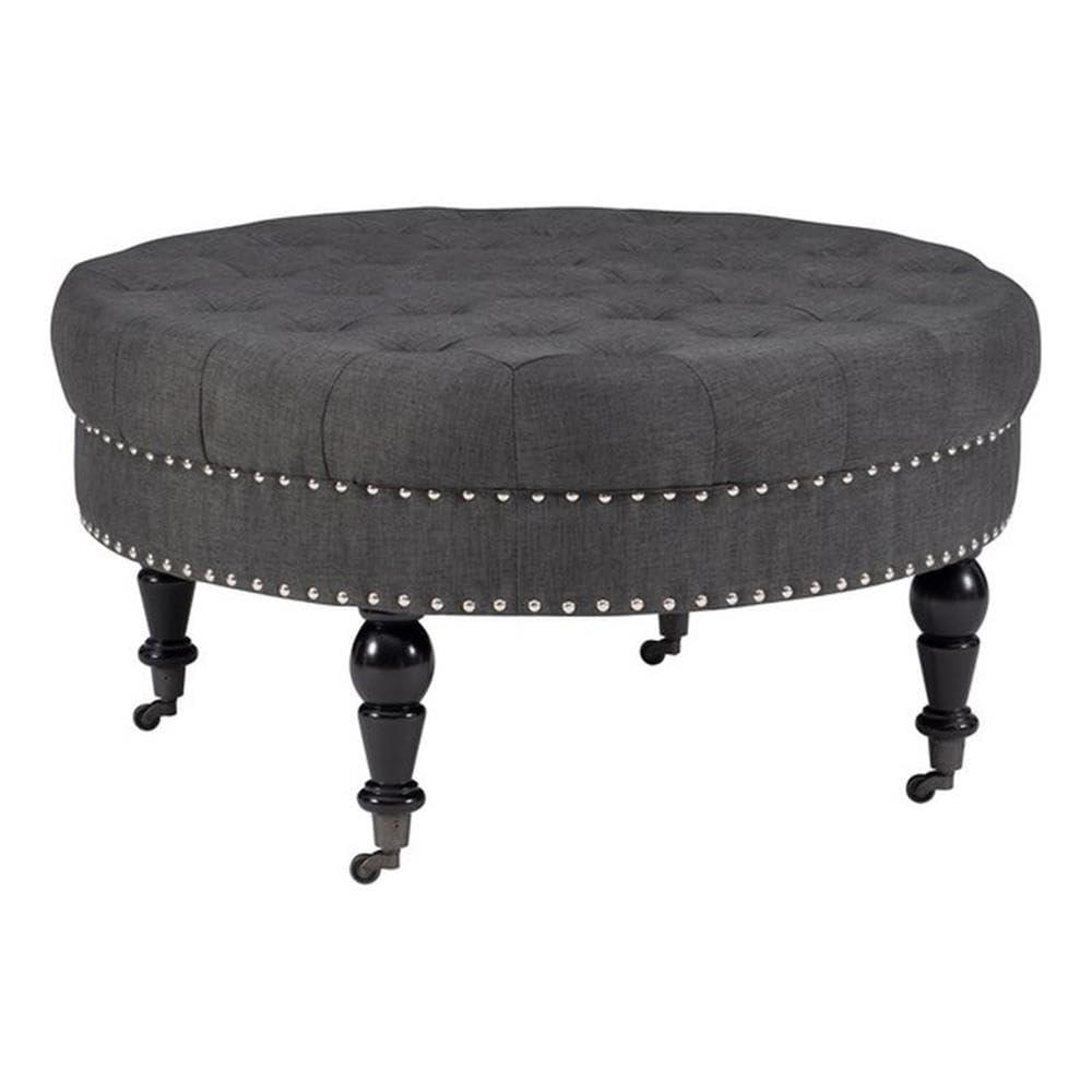 34.6" Isabelle Traditional Round Tufted Upholstered Wheeled Cocktail Ottoman Gray - Linon: Charcoal Linen, Silver Nailhead, Black Legs
