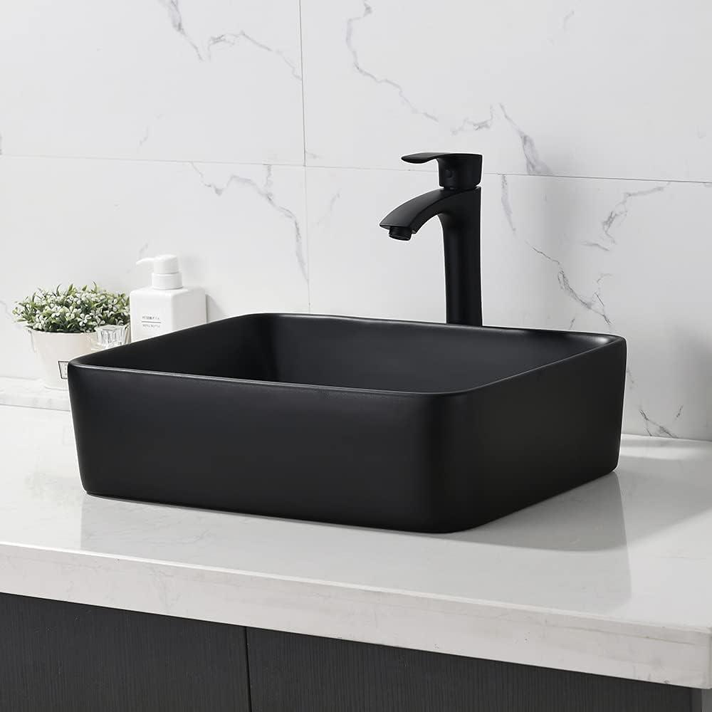 Matte Black Ceramic Rectangular Vessel Sink with Faucet Combo