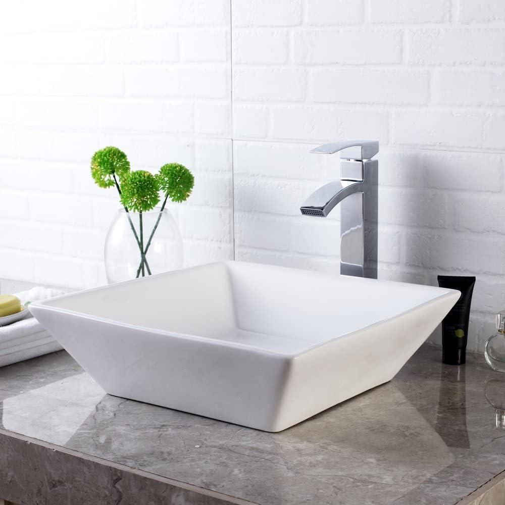 16-Inch White Ceramic Square Above-Counter Bathroom Vessel Sink