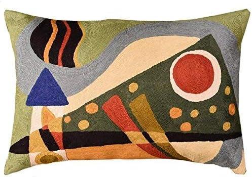 Green Abstract Wool and Cotton Embroidered Lumbar Pillow