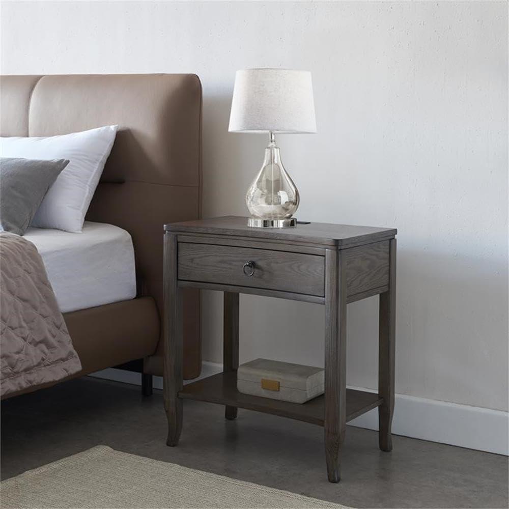 Leick Home 9077-GR Annette Oak Drawer Nightstand Side Table with Top AC/USB Outlet and Shelf, Smoke Gray