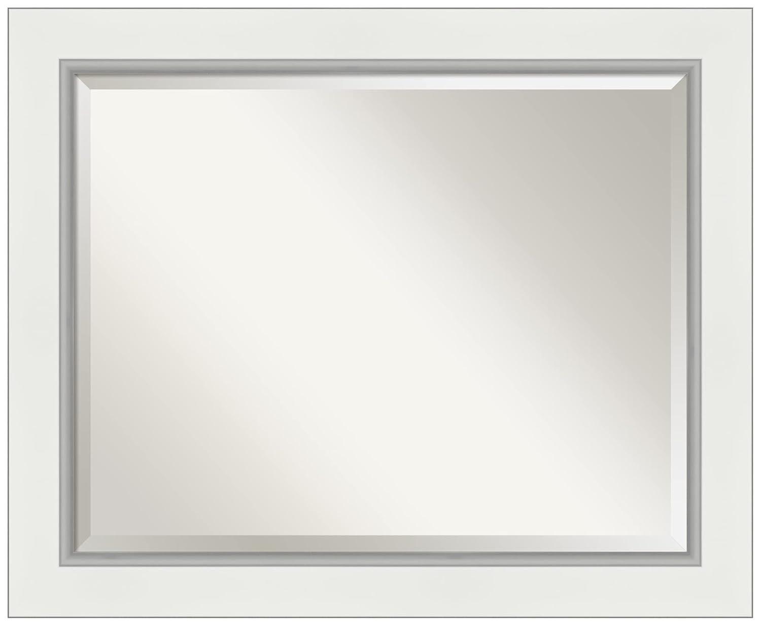 Amanti Art 33" x 27" Eva White Silver Framed Bathroom Vanity Wall Mirror: Modern Rectangular, Wall-Mounted, Beveled Glass