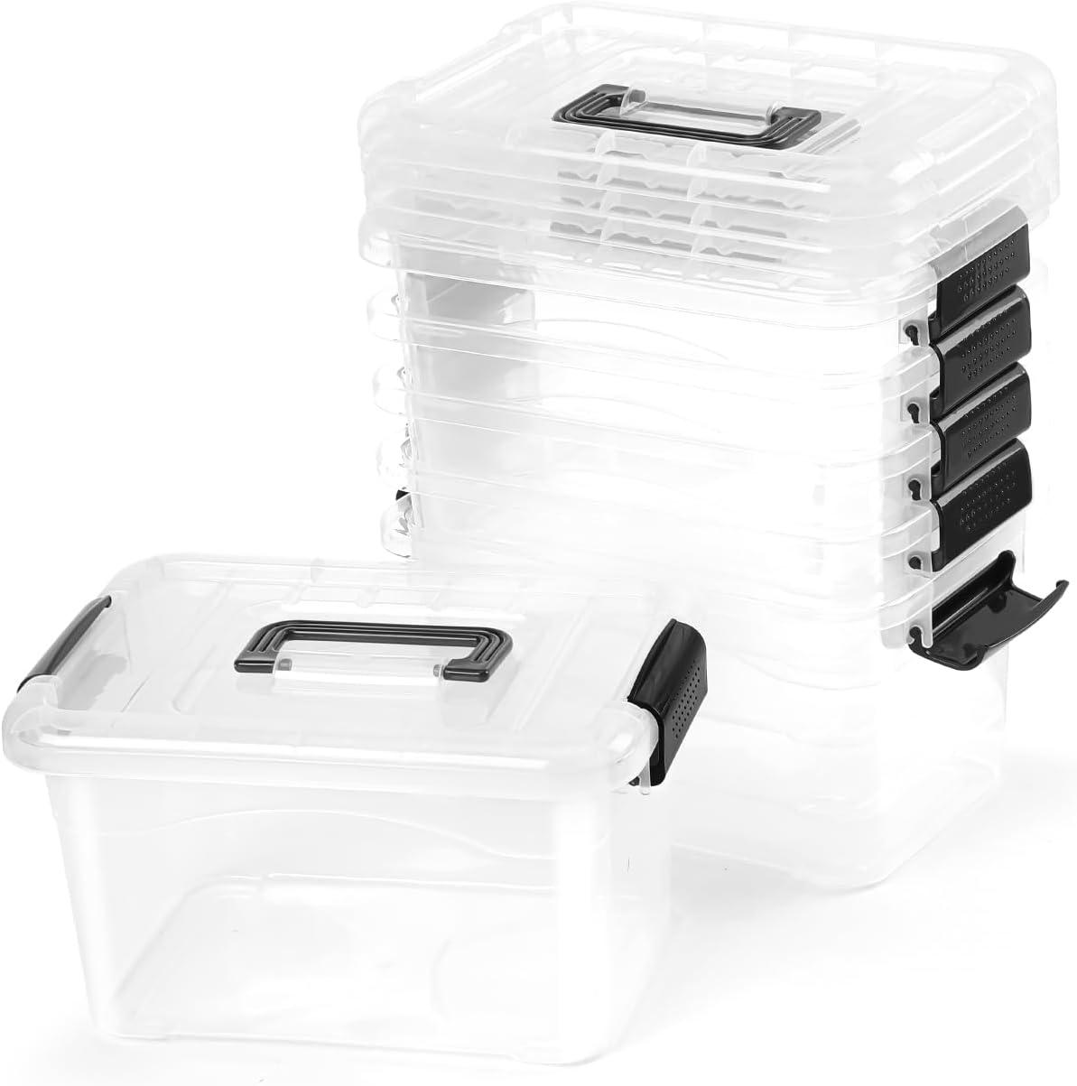 Plastic Storage Bins 7 Quart-Storage Organizer Bins with Black Buckle Lids, Stackable Storage Bins with Lids for Home Office Kids Room Closet School Art Supplies Organization,6 Packs, Clear
