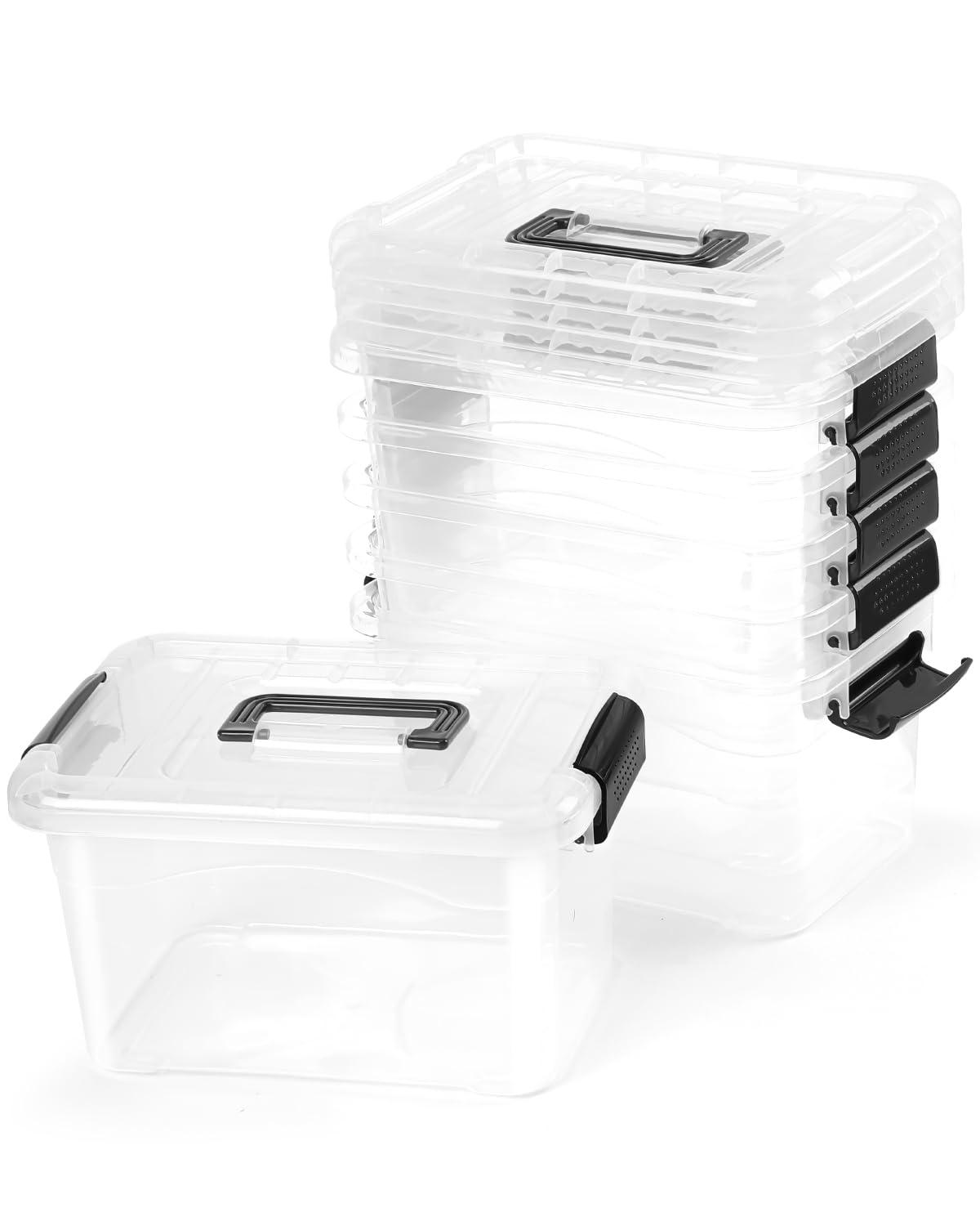 Plastic Storage Bins 7 Quart-Storage Organizer Bins with Black Buckle Lids, Stackable Storage Bins with Lids for Home Office Kids Room Closet School Art Supplies Organization,6 Packs, Clear
