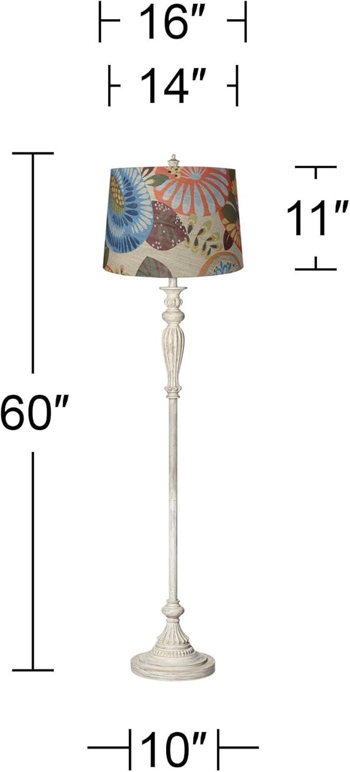 360 Lighting Vintage Chic Floor Lamp 60" Tall Antique White Tropic Flower Drum Shade for Living Room Reading Bedroom Office