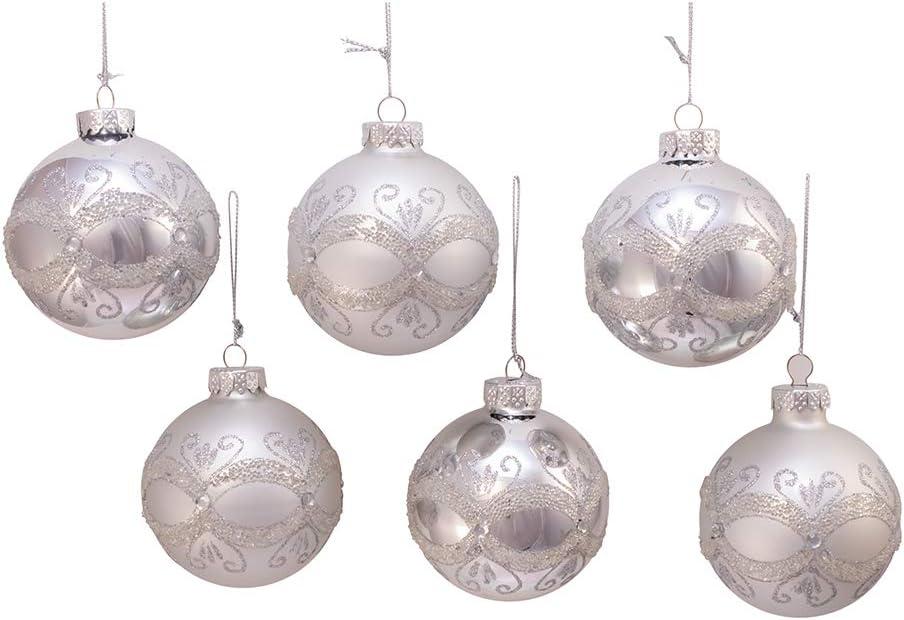 Kurt Adler 80MM Silver with Glitter and Sequins Glass Ball Ornaments, 6 Piece Box