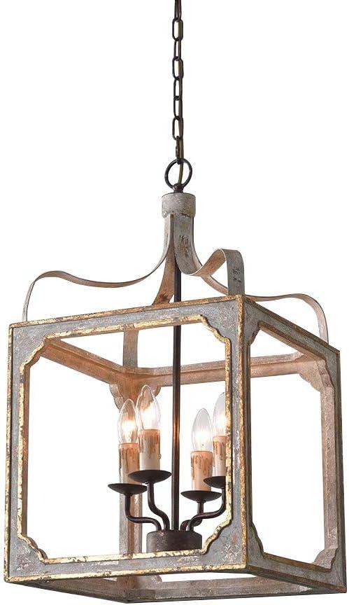 Homary 4-Light French Antique Gray Electric Suare Lantern Pendant Chandelier