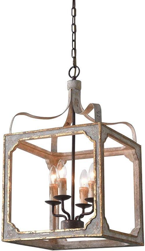 Antique Gray and Gold 4-Light Lantern Chandelier