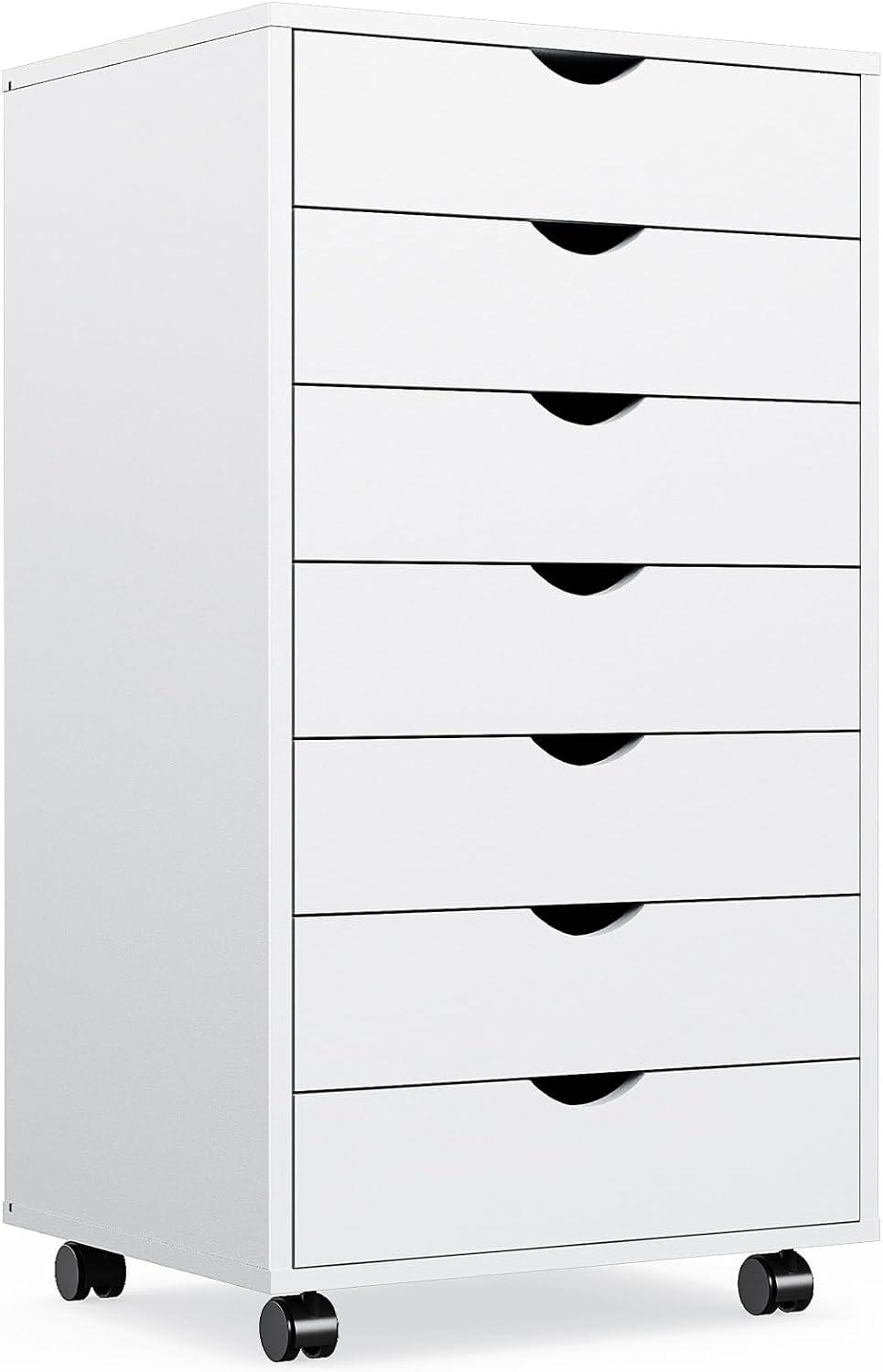 HeSLehs 7-Drawer Organizer, Tall Chest of Drawers with Caster Wheels, Alex Drawers File for Home Office, White