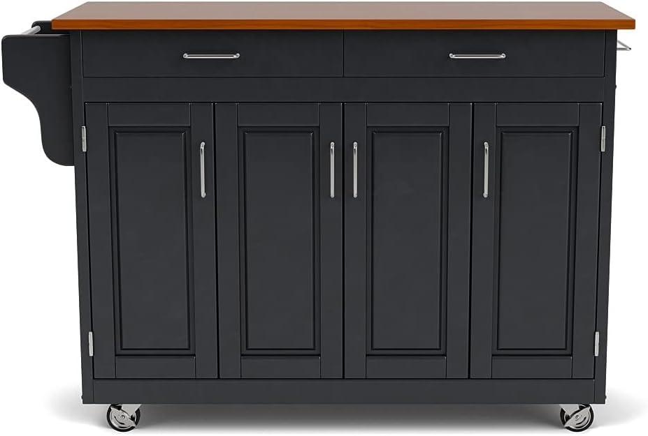 Black Wood Kitchen Cart with Oak Top and Storage