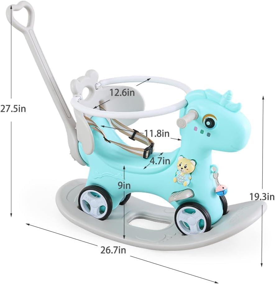 MONTARY Rocking Horse for Toddlers 1-3 Years, 4 in 1 Baby Rocking Horse Toy Fun Birthday Gift, Ride on Toys for Boys with Balance Bike Push Cart Detachable Balance Board