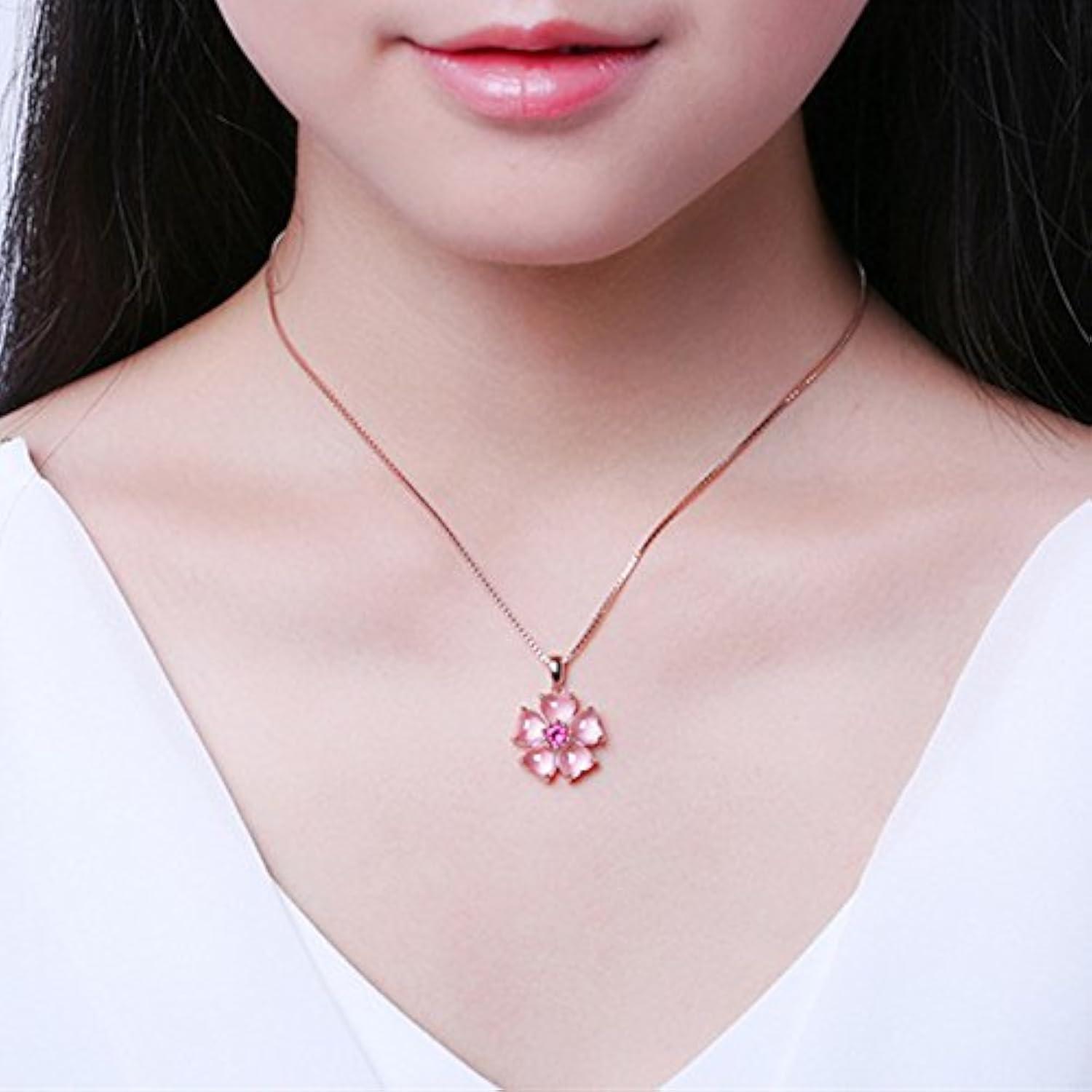 YOUMIYA Rose Gold Cherry Blossoms Necklace for Graduation Pink Beautiful Artificial Stone Crystal Necklace Best Gifts for Women Friend Lover
