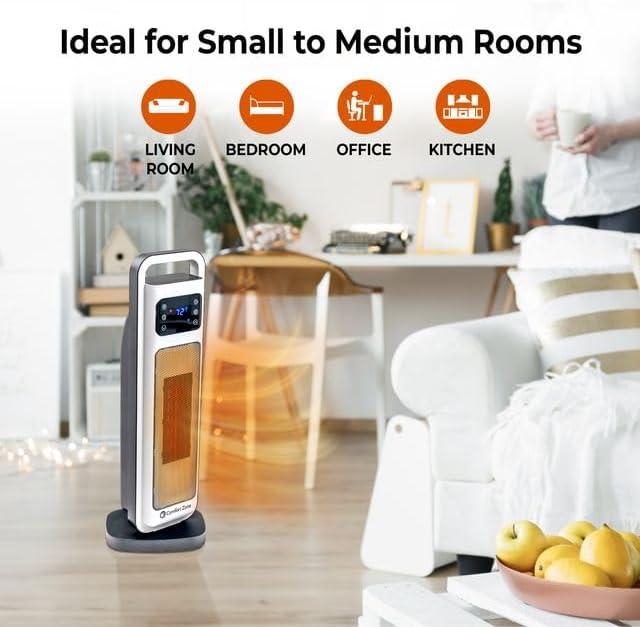 Comfort Zone 26" Oscillating Digital Tower Heater with Remote Control for Indoor Use, Adjustable Thermostat, Timer, Overheat Protection, Tip-Over Switch, Ideal for Home, Bedroom, & Office, HT1206-WHT