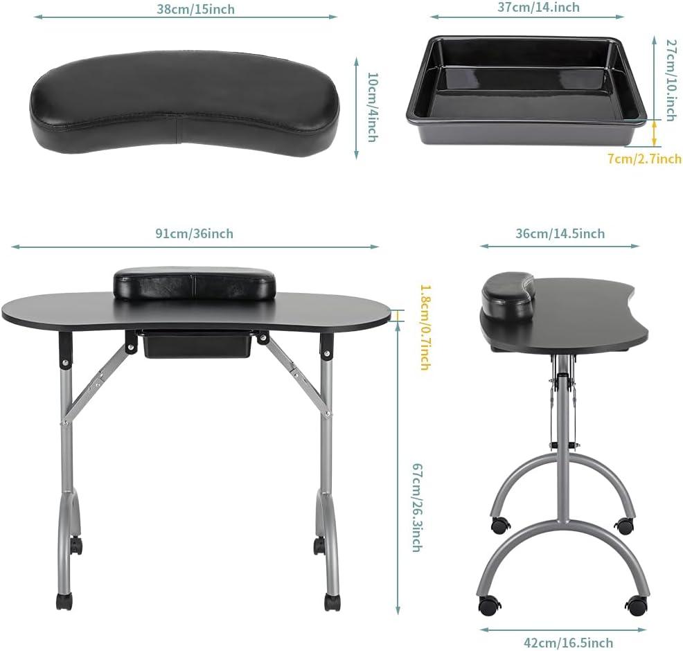 LEIBOU Professional 36''L Portable & Foldable Manicure Table Nail Technician Desk Workstation Manicure Table with Rolling Wheels,Drawer,Sponge,Free Carrying bag (Black)