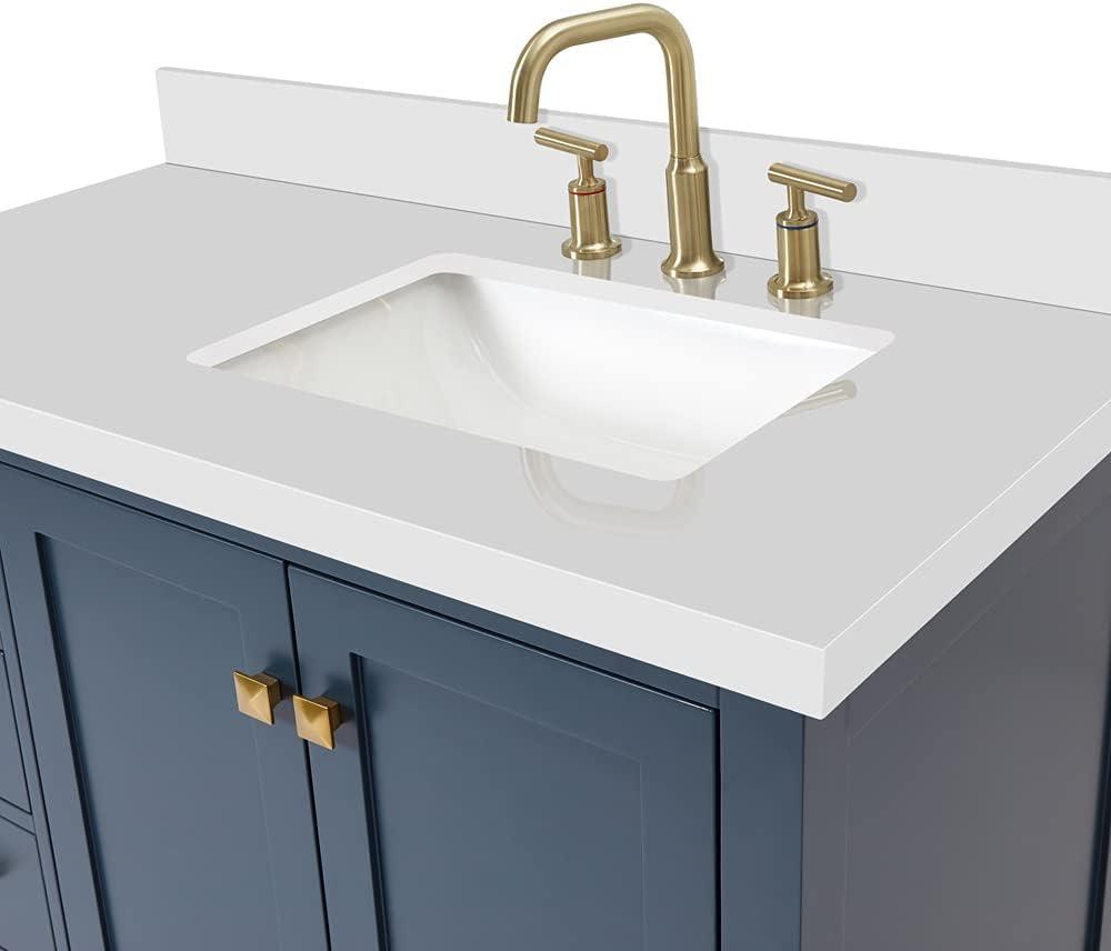 ARIEL Cambridge 43 Inch Midnight Blue Bathroom Vanity with Single Sink, Solid Wood, White Quartz Countertop, 1.5-Inch Edge, Right Rectangular Undermount Sink, 2 Soft Closing Doors, 5 Drawers