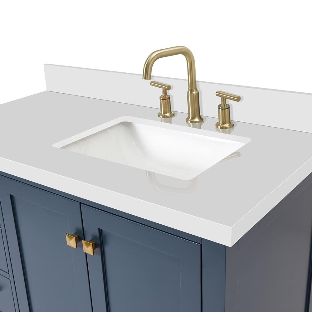 ARIEL Cambridge 43 Inch Midnight Blue Bathroom Vanity with Single Sink, Solid Wood, White Quartz Countertop, 1.5-Inch Edge, Right Rectangular Undermount Sink, 2 Soft Closing Doors, 5 Drawers