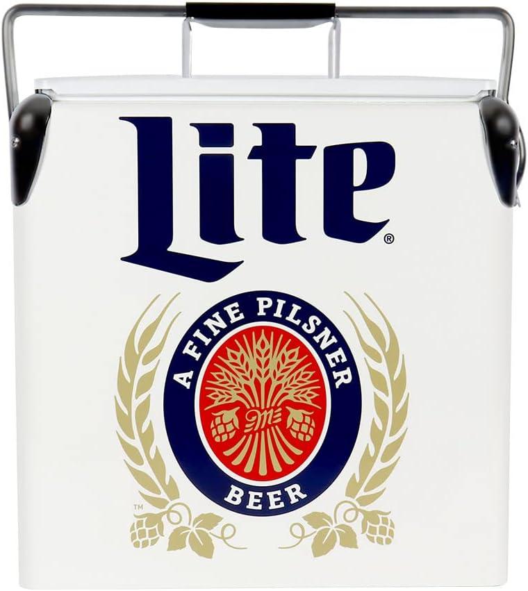 Miller Lite Retro Ice Chest Cooler with Bottle Opener 13L (14 qt), White and Blue