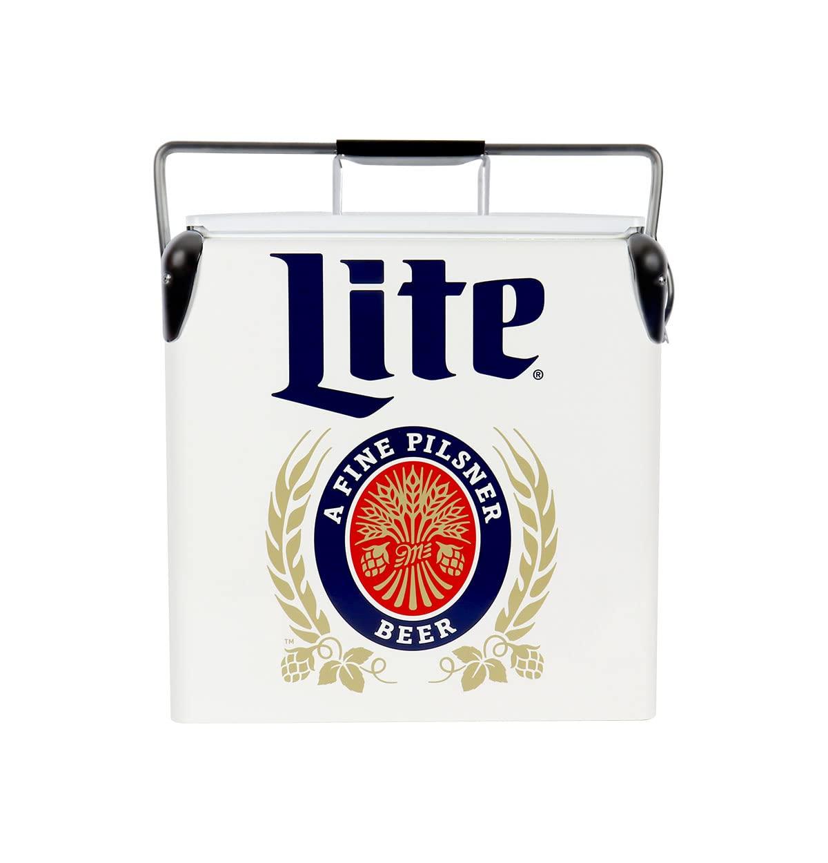 Miller Lite Retro Ice Chest Cooler with Bottle Opener 13L (14 qt), White and Blue