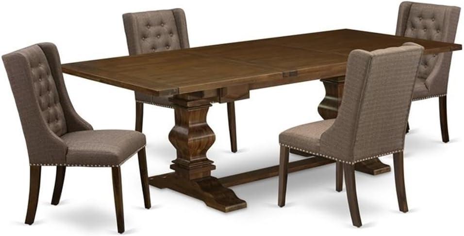 Antique Walnut 5-Piece Dining Set with Brown Linen Chairs