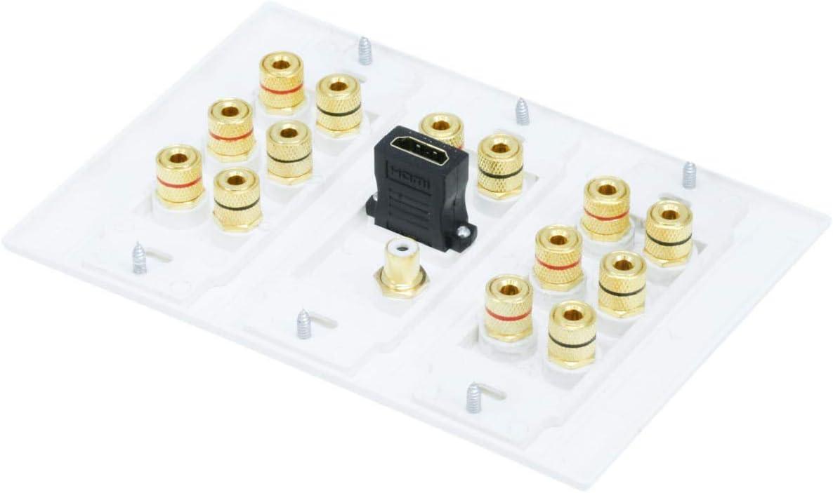 Monoprice 3-Gang 7.1 Surround Sound Distribution Wall Plate - White - With HDMI, For Home Theater, Speaker Wire And More