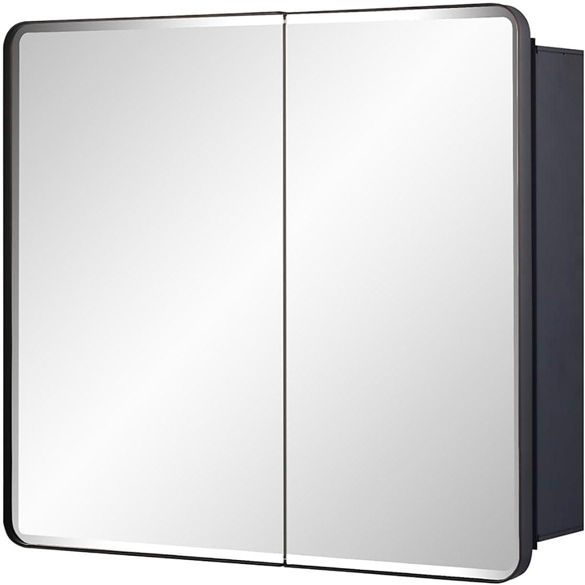 Black Bathroom Medicine Cabinet with Round Corner Framed Door and Beveled Edge Mirror 22 x 20 inch, Recessed or Surface Mount, with Adjustable Glass Shelves
