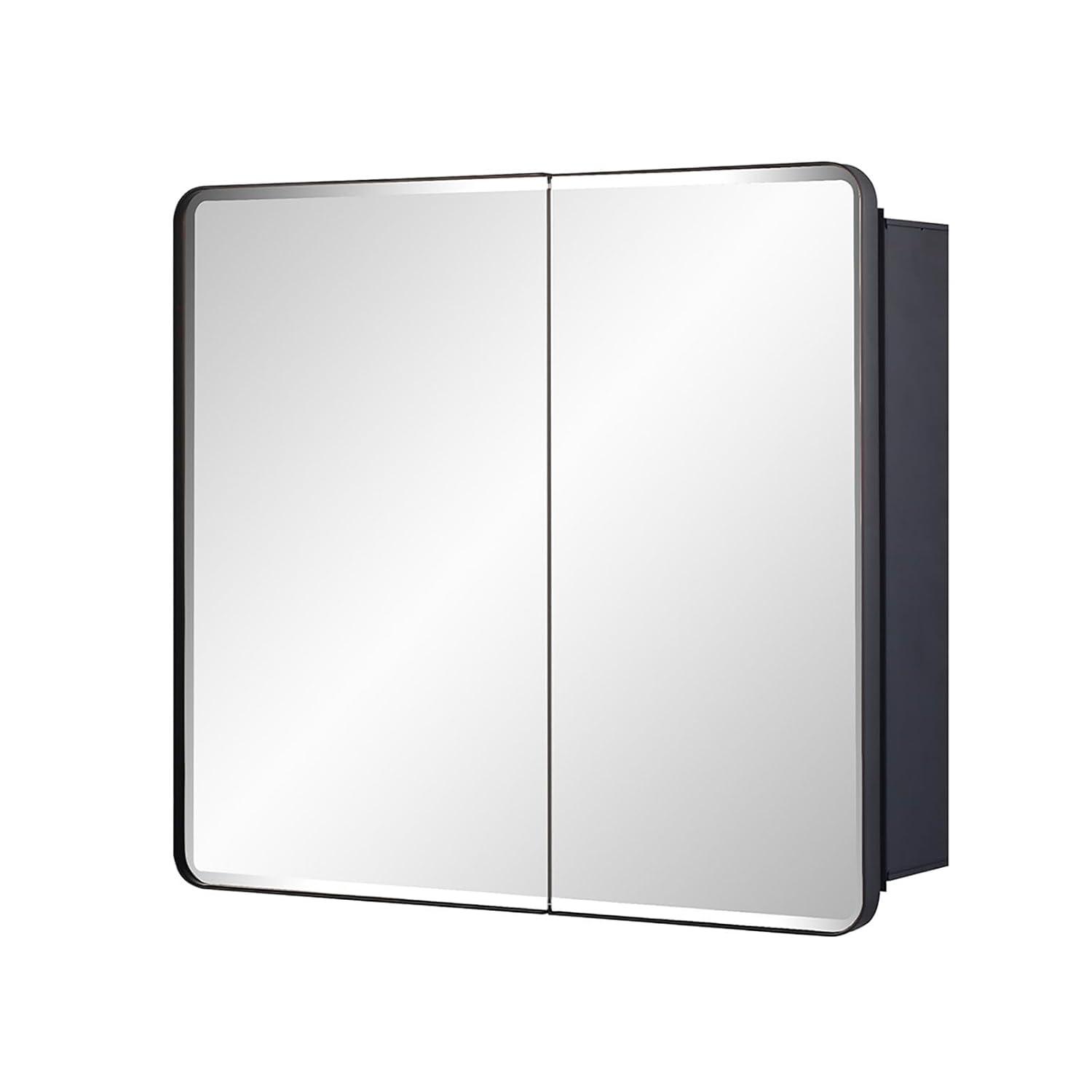 Black Bathroom Medicine Cabinet with Round Corner Framed Door and Beveled Edge Mirror 22 x 20 inch, Recessed or Surface Mount, with Adjustable Glass Shelves