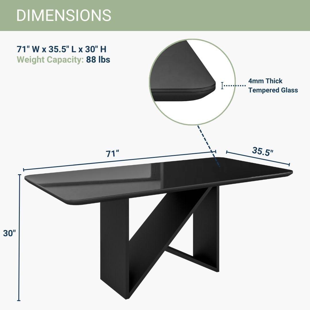Elegant Painted Glass Dining Table for 6, Italian-Style 6-Seater Dining Table with Tempered Glass Top and Elegant Wood Base, Modern and Sophisticated Design for Dining Rooms, Black