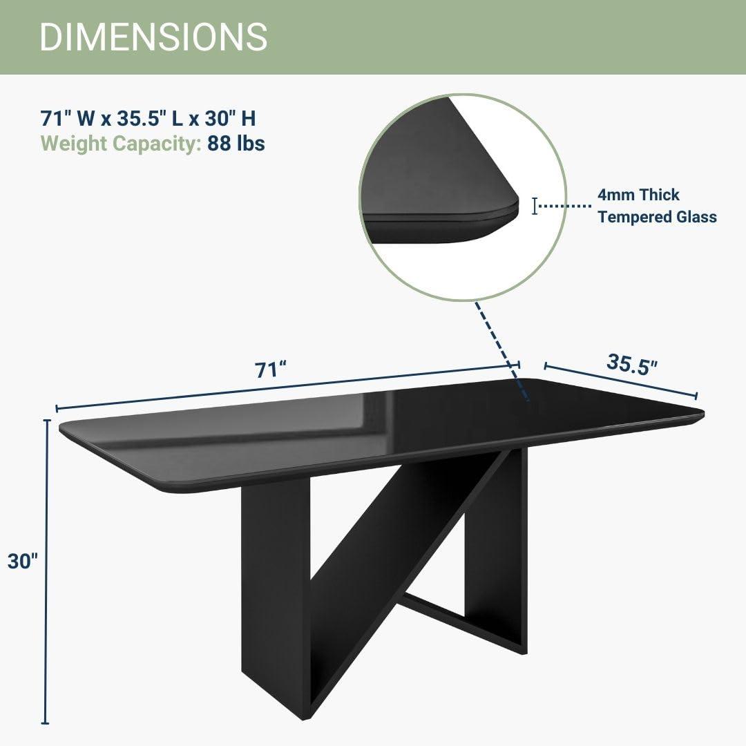 Elegant Painted Glass Dining Table for 6, Italian-Style 6-Seater Dining Table with Tempered Glass Top and Elegant Wood Base, Modern and Sophisticated Design for Dining Rooms, Black