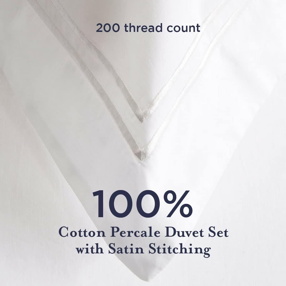 Elegant White Cotton Percale Full/Queen Duvet Set with Satin Stitching