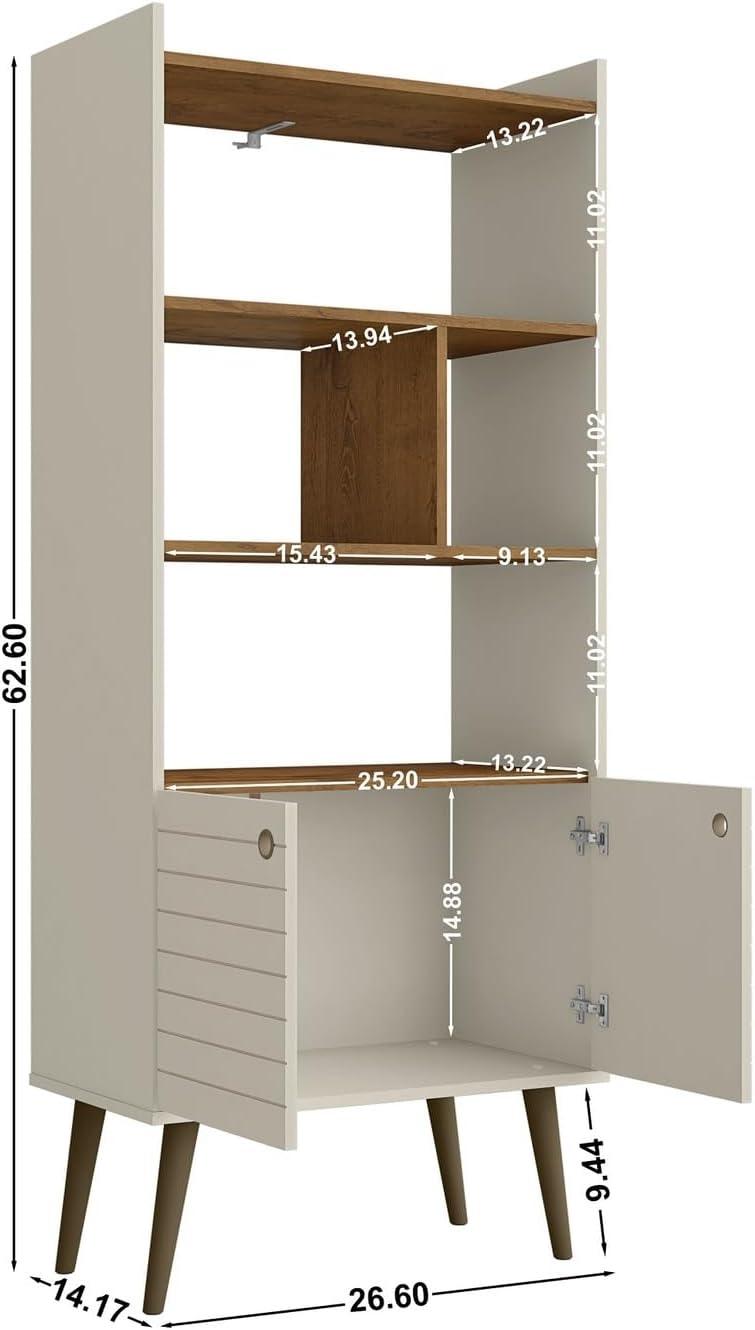 Mid-Century Modern White and Wood 3-Tier Bookshelf with Doors