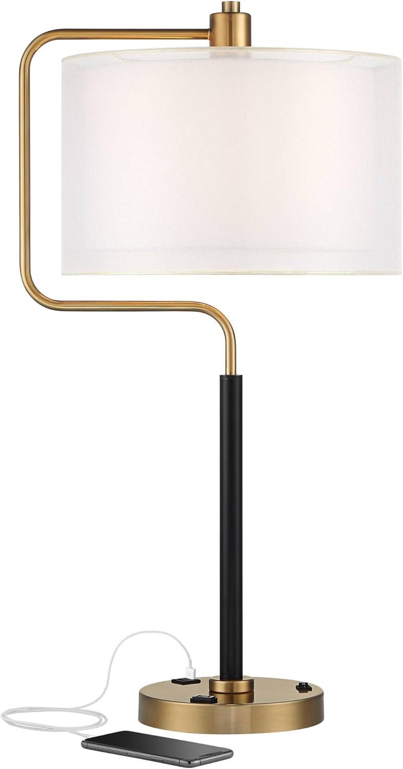 Possini Euro Design Carlyle Modern Mid Century Desk Lamp 30 1/2" Tall Gold with USB and AC Power Outlet in Base Double Drum Shades for Living Room