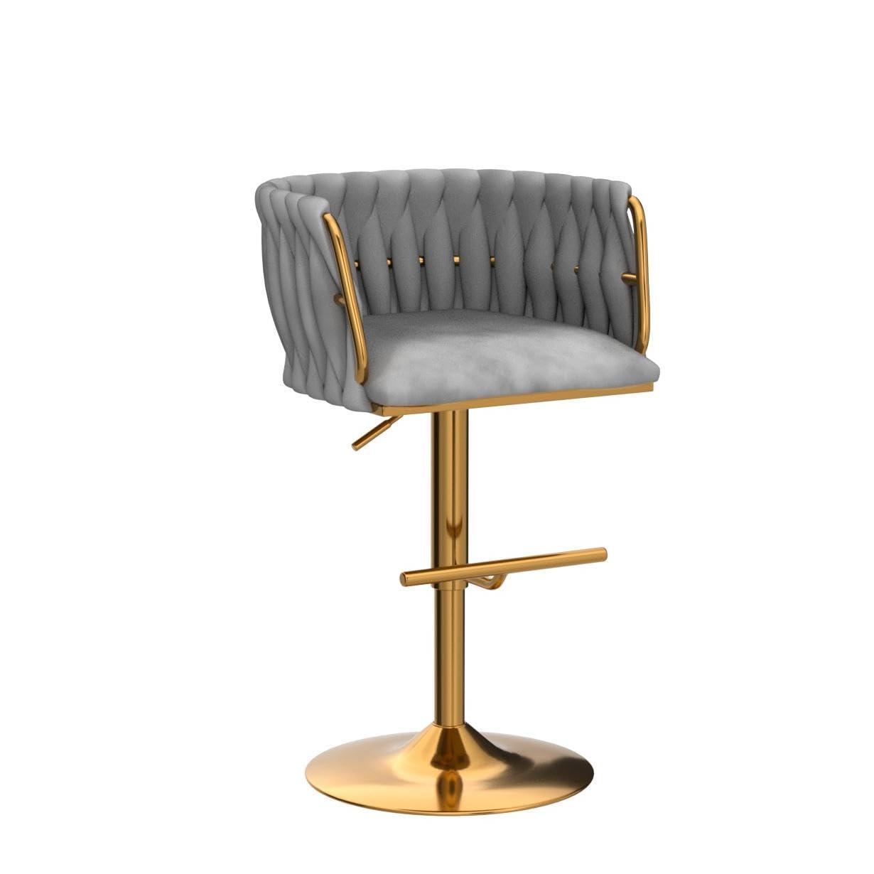 Velvet Bar Stools Set of 2, Counter Height Bar Stools with Low Back, Gold Swivel Barstools for Kitchen Island, Bar Pub (Grey)