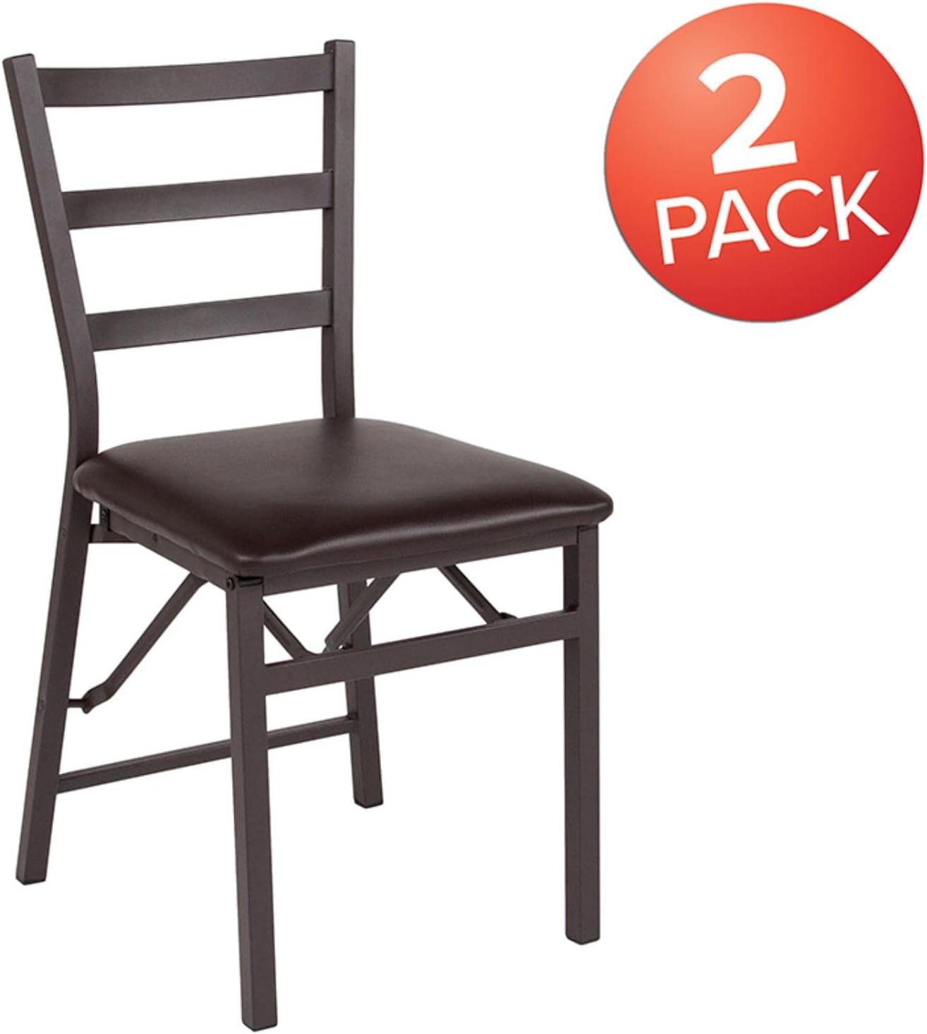 Flash Furniture 2 Pack HERCULES Series Brown Folding Ladder Back Metal Chair with Brown Vinyl Seat