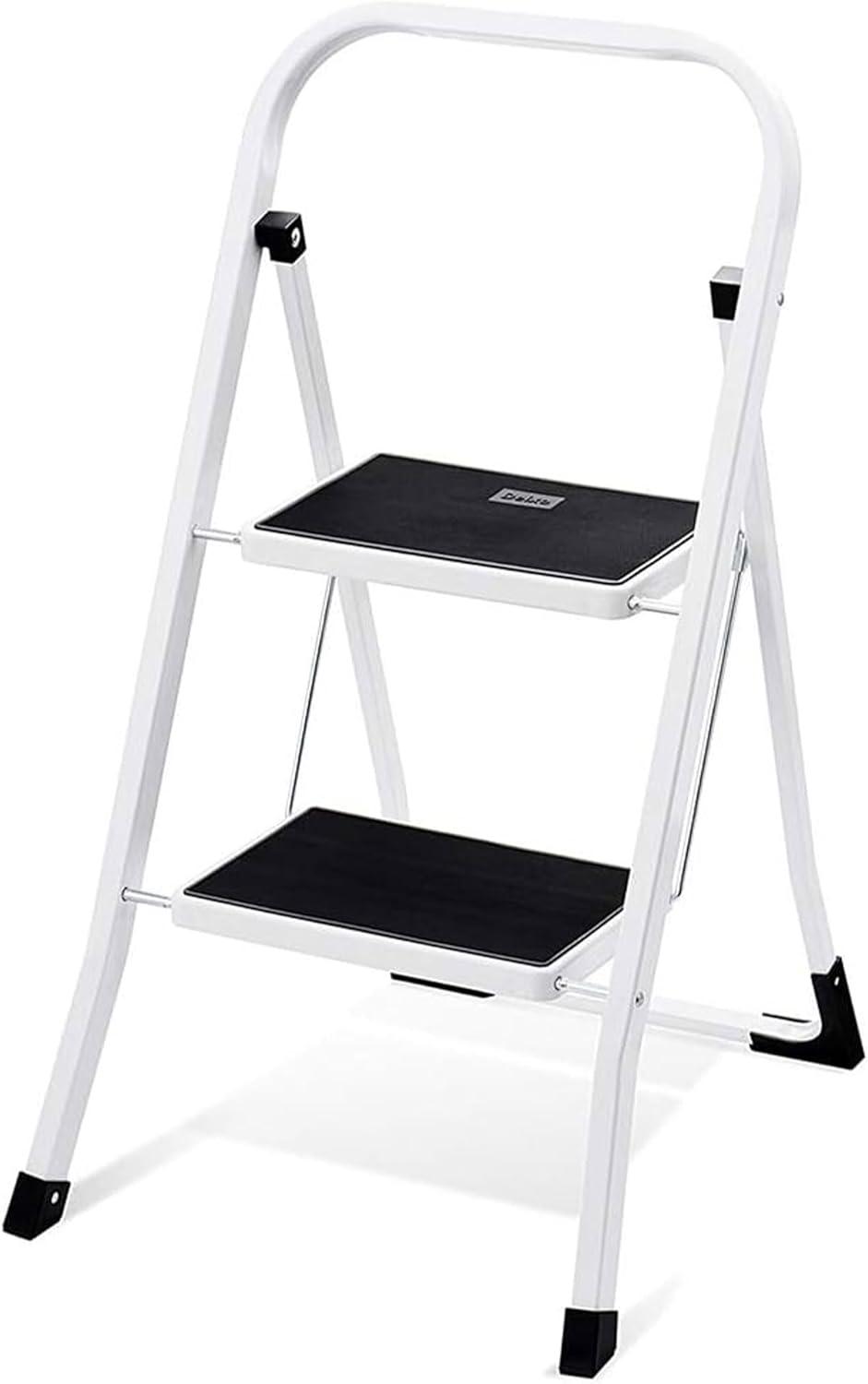 Delxo Non-Slip Stool Folding Sturdy Steel Wide Step Ladder with Hand Grip and Locking Mechanism for Indoor Household Kitchens