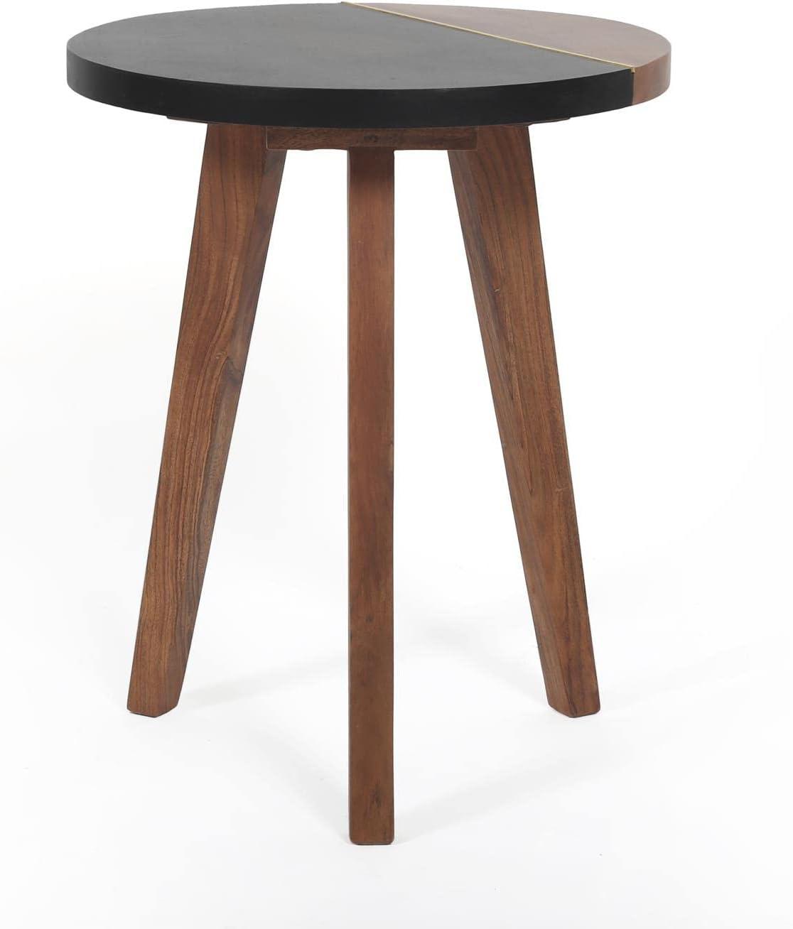 Caspian Slate/Natural Matte Finish Round Accent End Table with Brown wood detail