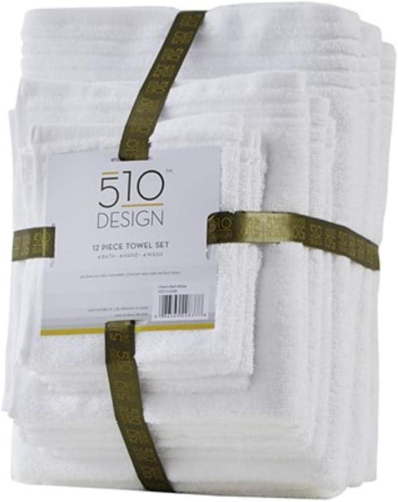 510 DESIGN Big Bundle 100% Cotton Bath Towel Set, Quick Dry Zero Twist Terry Fabric, Soft, and Highly Absorbent for Shower, Multi-Sizes, White 12 Piece