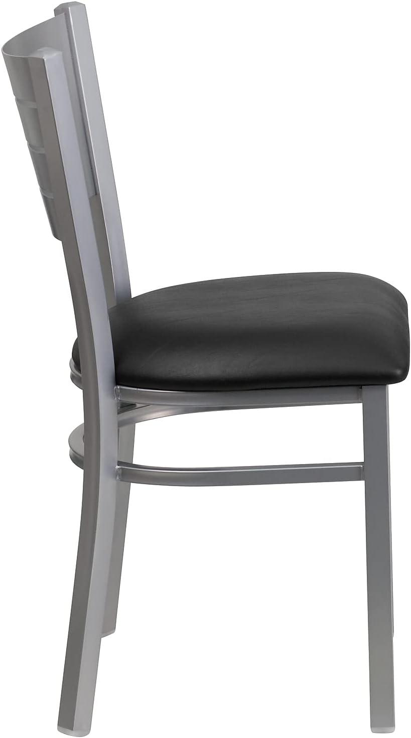 Flash Furniture HERCULES Series Silver Slat Back Metal Restaurant Chair - Black Vinyl Seat